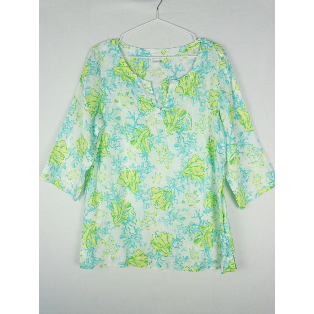 J.Jill Love Linen Tunic Top Womens M Aqua Green Tropical Print Coastal Resort